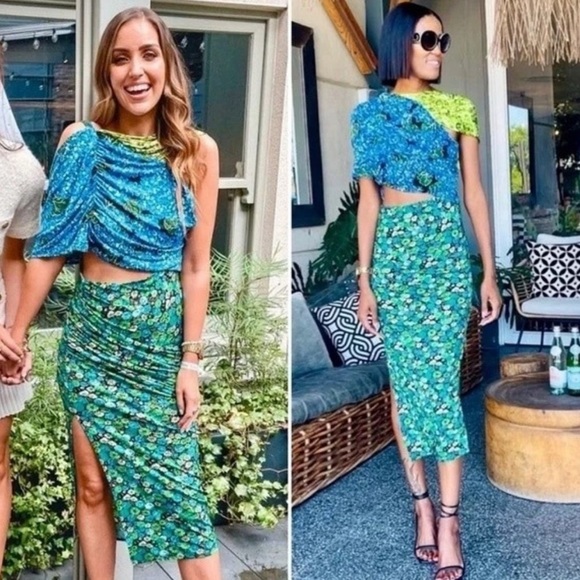 Zara Floral Midi Dress Stretch Asymmetrical Blue Green Print Blogger Fave SizeXS - Picture 3 of 16